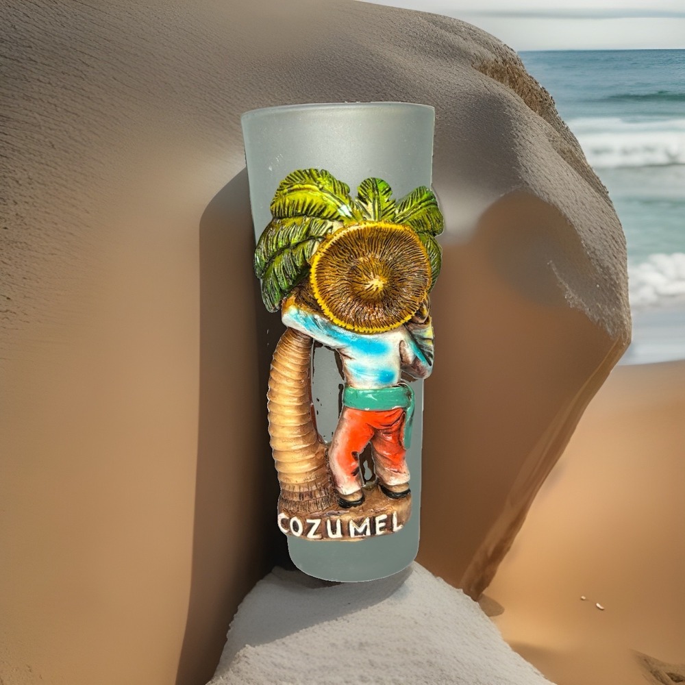 Cozumel Mexico Souvenir Shot Glass Frosted 3D Sombrero Palm Tree Hand Painted
